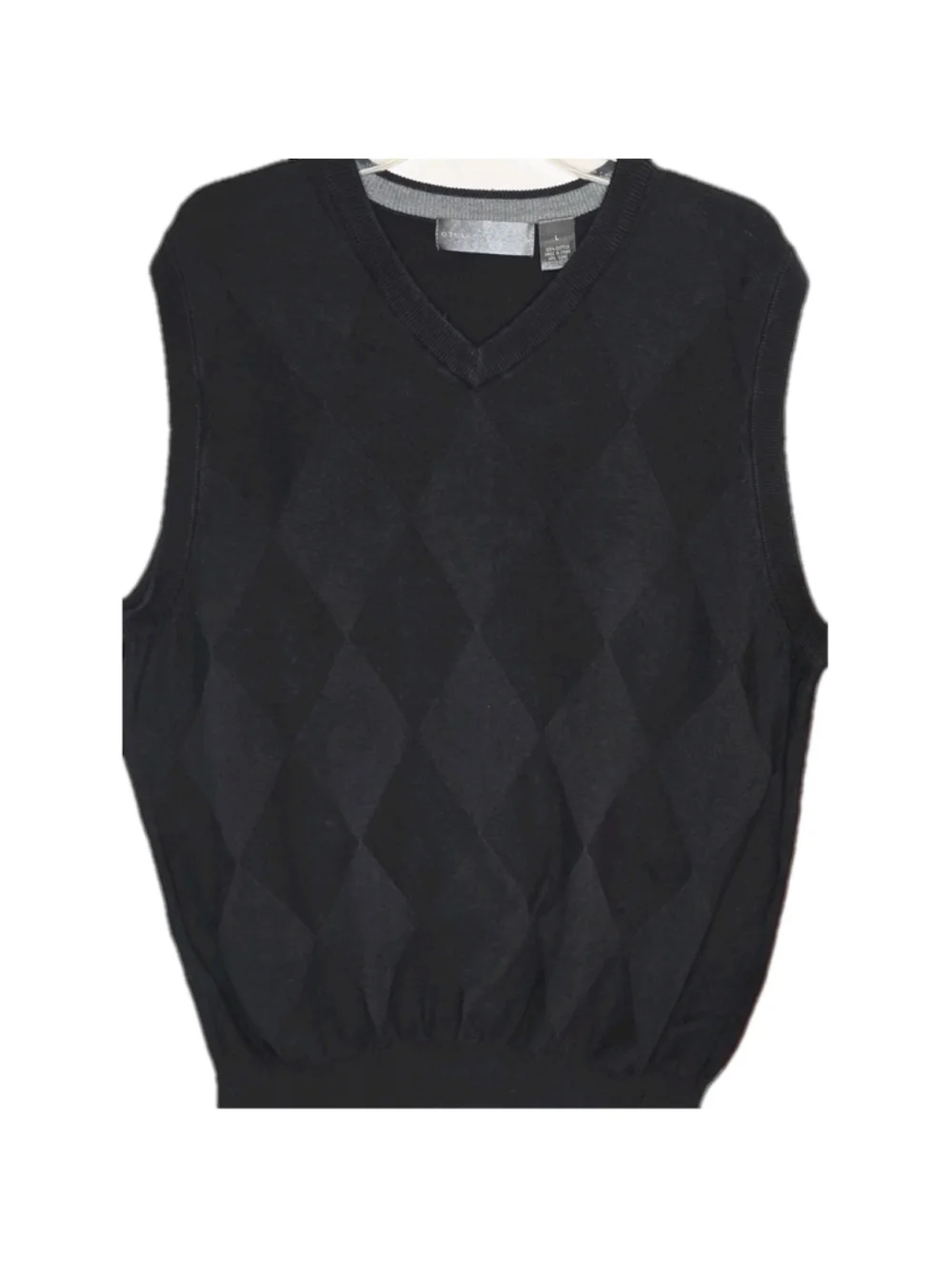 Oscar de la Renta Mens Sweater Vest Large Black Gray Argyle Cotton V-Neck